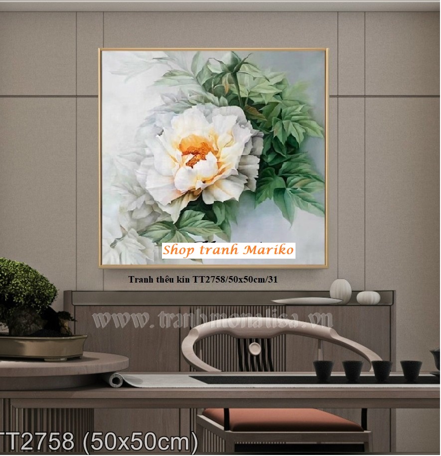 Tranh thêu kín hoa mẫu đơn trắng tt2578 50 x 50 cm