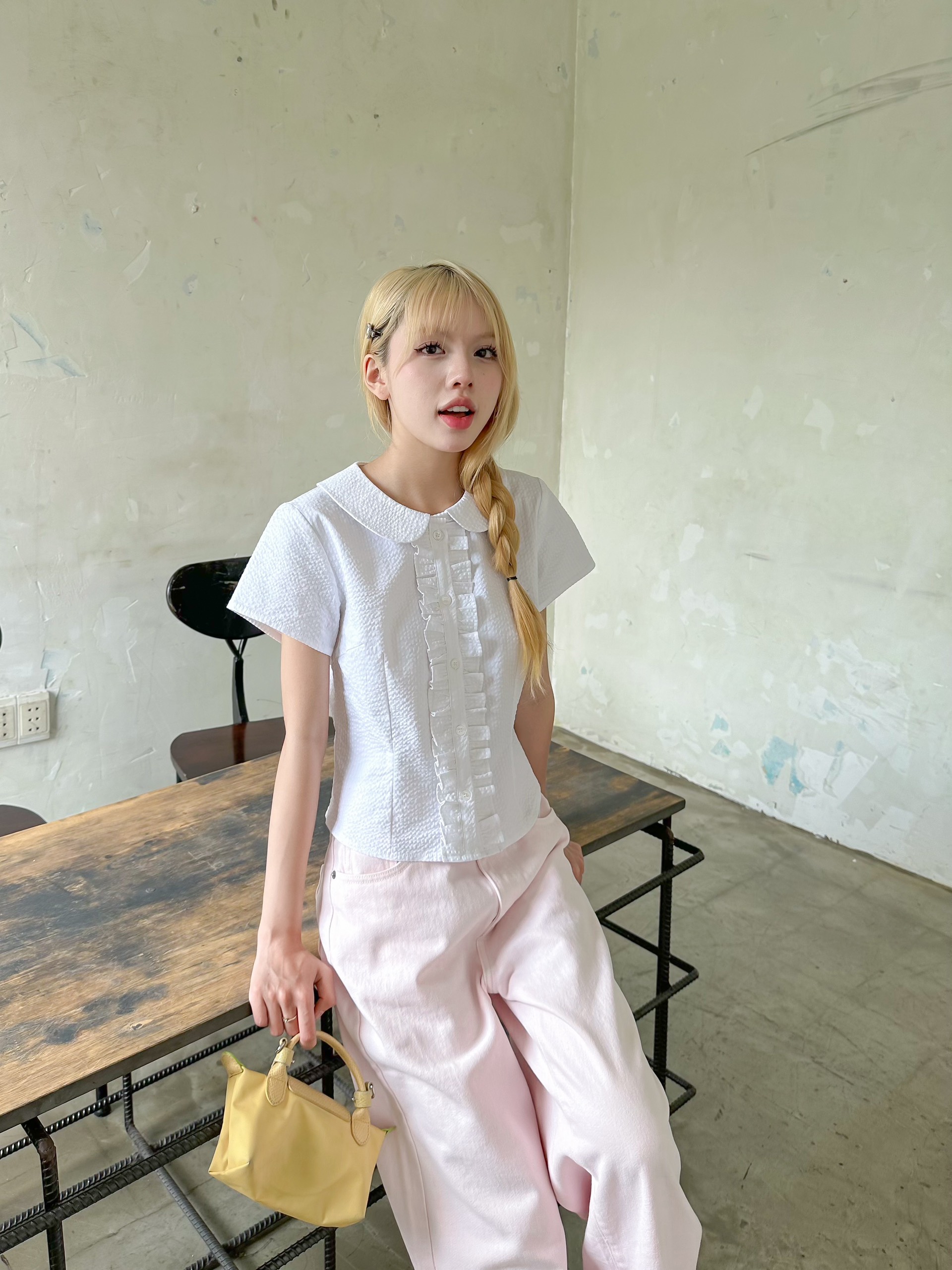 KIDO - Áo sơ mi tay ngắn phối bèo POPLIN TOP