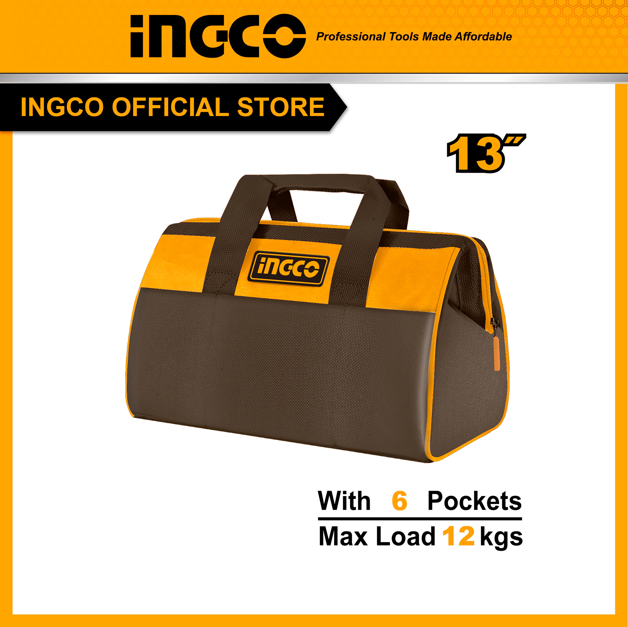 Túi đựng dụng cụ 13 inch với miệng rộng Túi đựng dụng cụ đa dụng chống nước INGCO HTBG281328