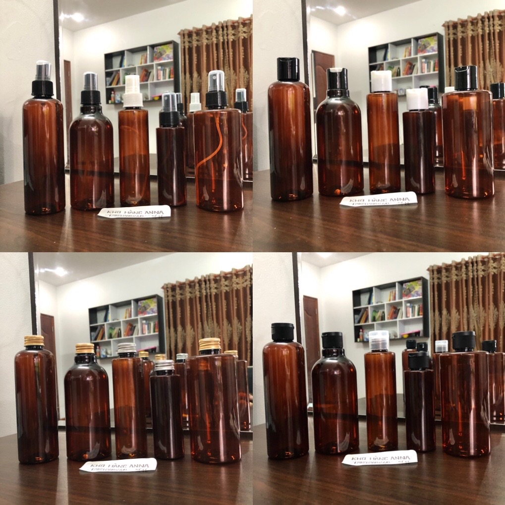 [ bottles ] 5 chai Nhựa màu nâu 100ml/ 150ml / 200ml/ 300ml  nắp bật đen , nắp vặn đen , nắp nhôm , nắp nhấn đen - Combo 5 vỏ chai nâu đựng Mỹ phẩm , đựng dầu gội - chai pet nâu nắp đen / nắp trong suốt