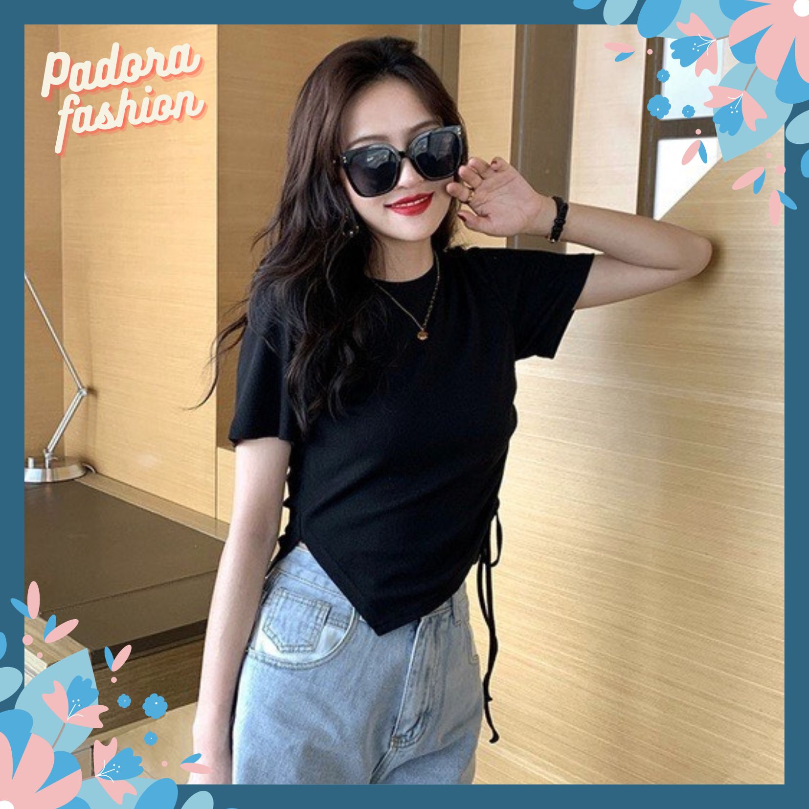 Áo thun nữ,áo croptop thun tăm cổ tròn rút dây 1 bên Padora-A148