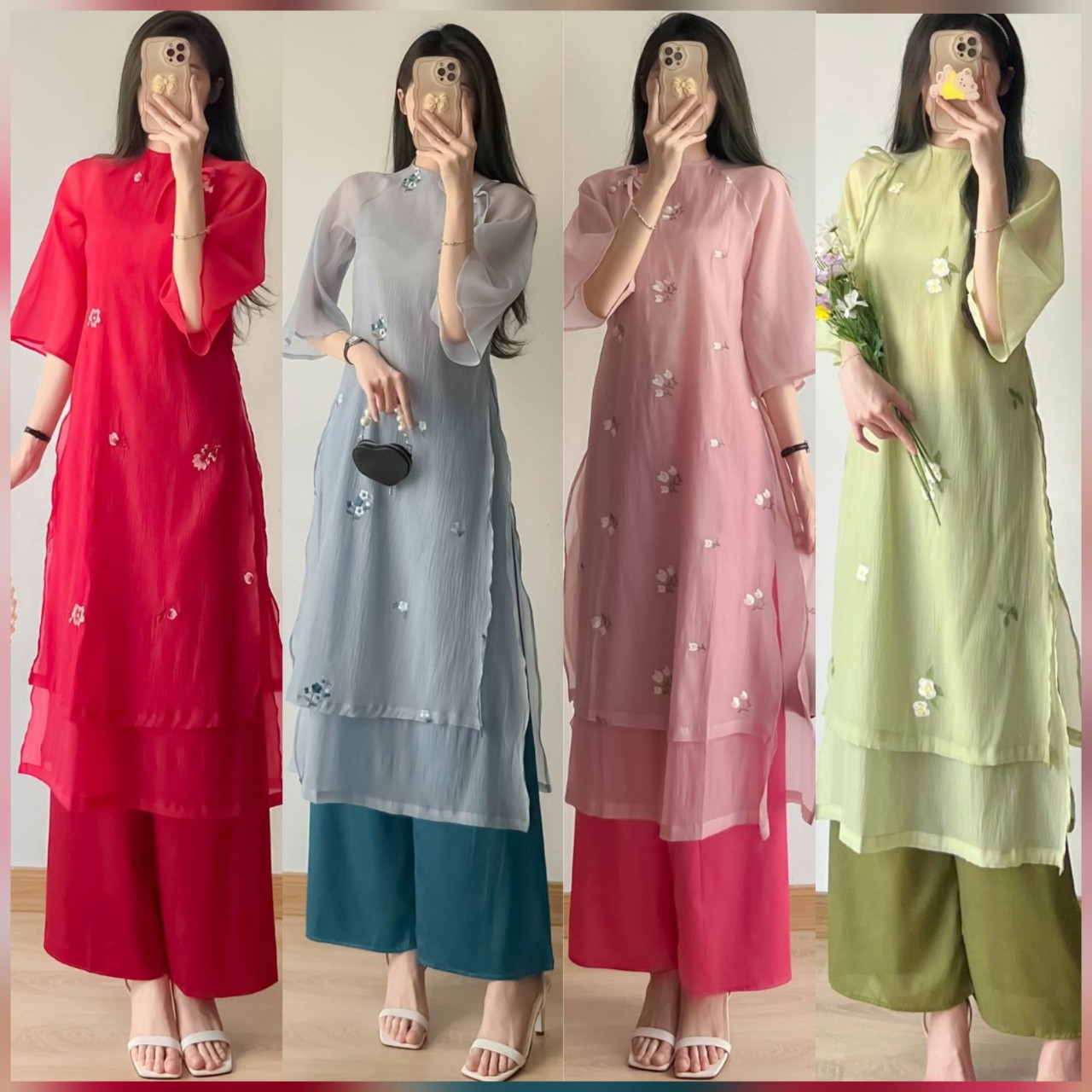 Set Bộ Áo Dài Ren Hoa Nổi Tay Loe Phối Váy Xòe Trẻ Trung Thùy Mị Cao Cấp BY2155