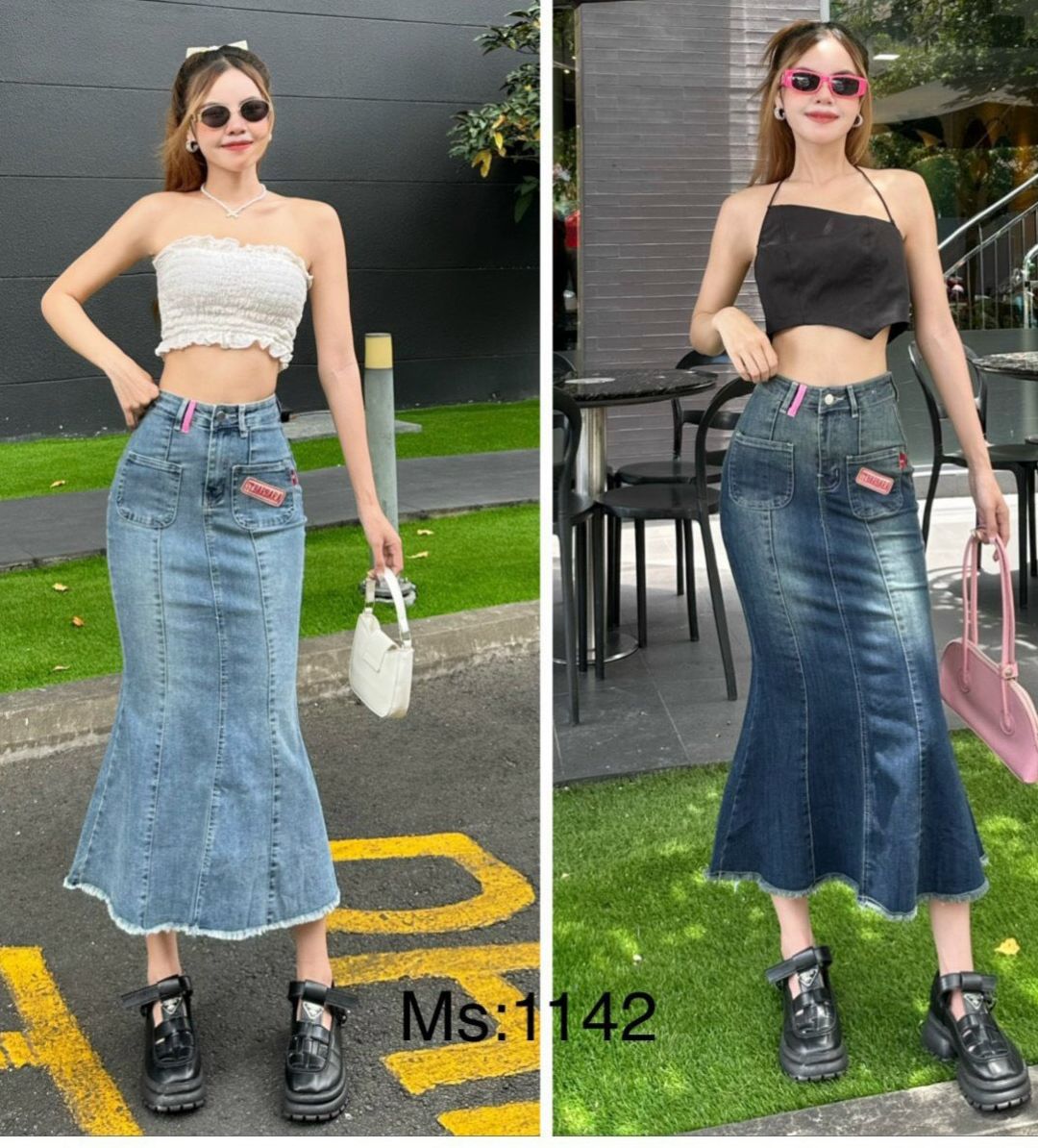 Chân váy jeans dáng dài xẻ vạt giữa mã, Chân váy jean đuôi cá cao cấp, váy jean dáng dài ảnh tự chụp J989wr