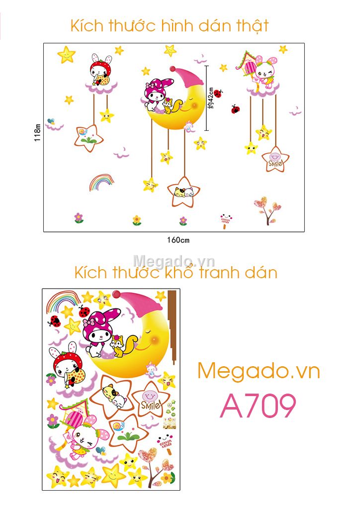 DECAL DÁN TƯỜNG THỎ YÊU TRĂNG VÀ BÉ ÔM GỐI