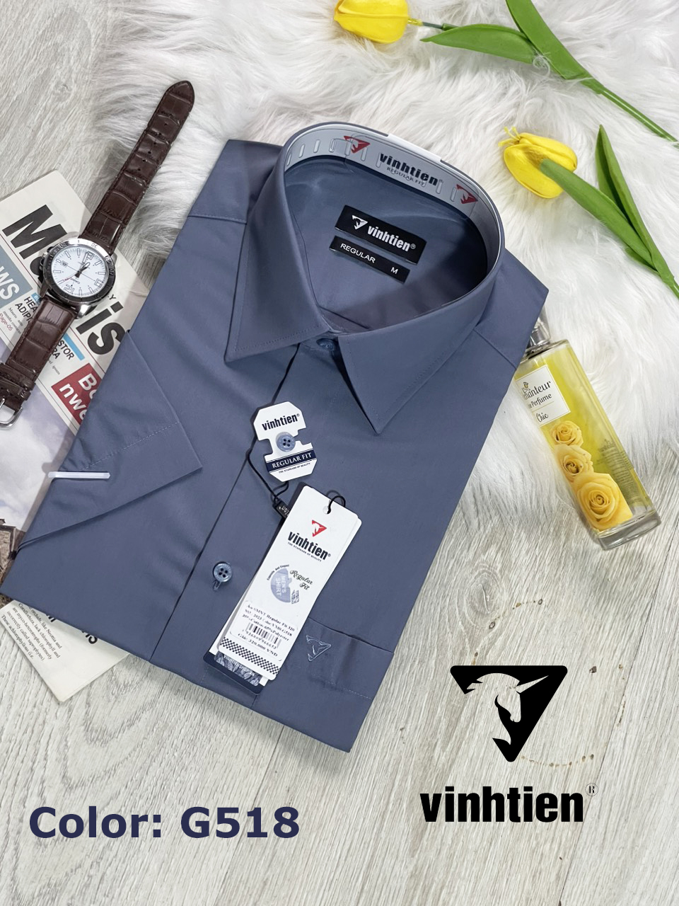 Áo Sơ Mi Ngắn Tay Dáng Regular Vĩnh Tiến Trơn Màu 345- Vạt Ngang