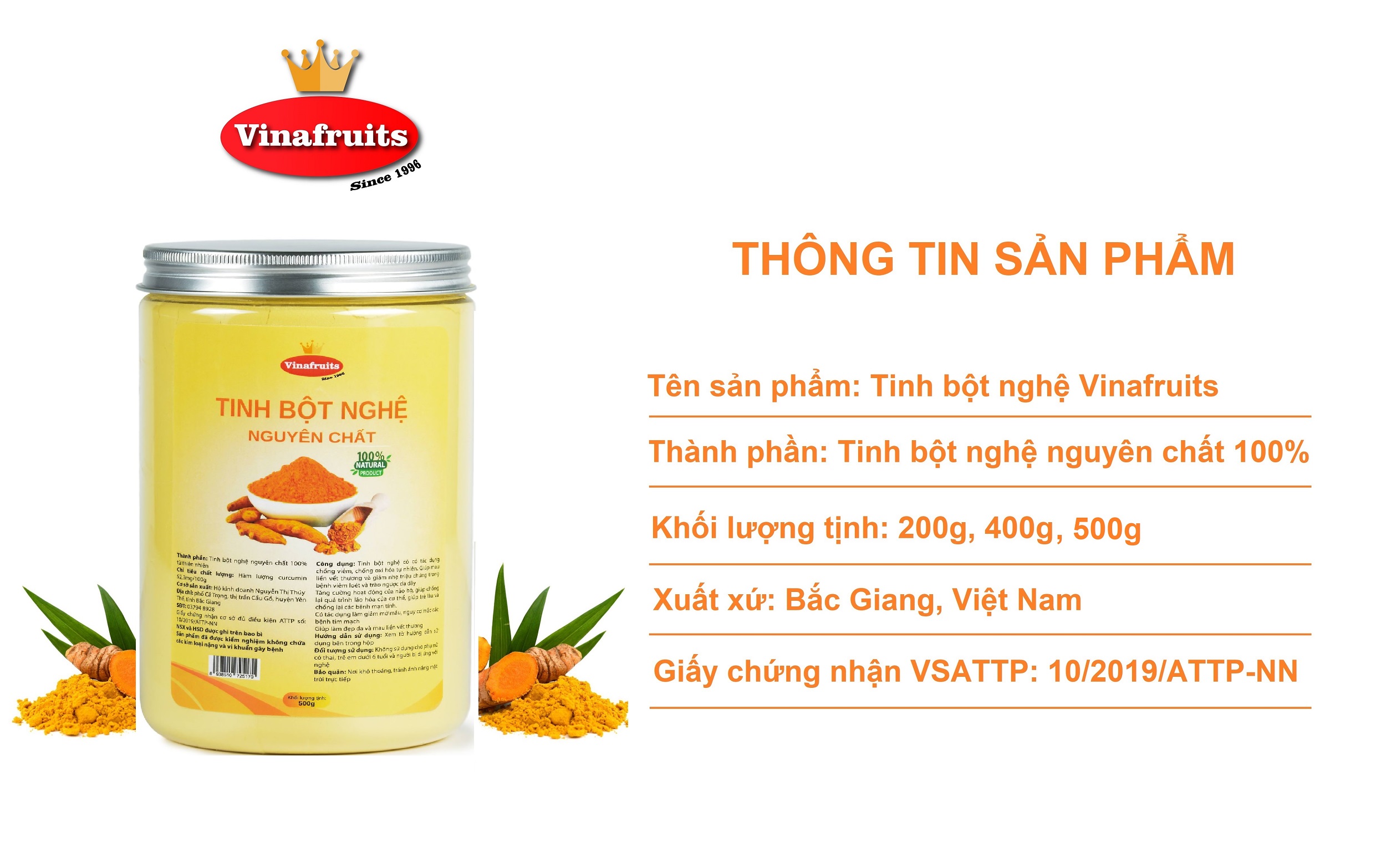 Tinh bột nghệ nguyên chất Vinafruits 500g
