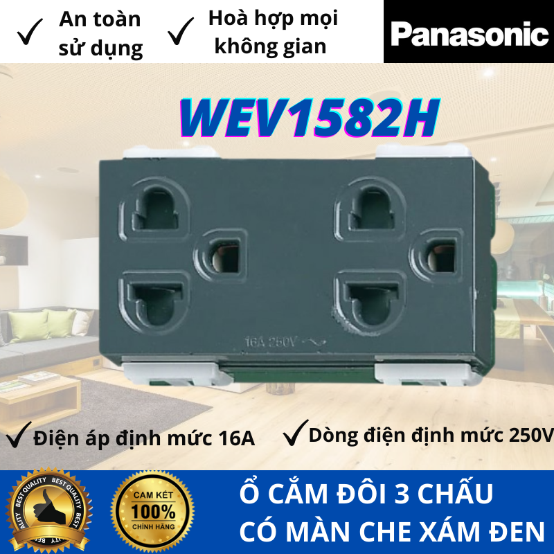 Ổ cắm đôi 3 chấu màu xám đen panasonic wev1582h,công tắc 2 chiều xám đen ánh kim sx thái lan