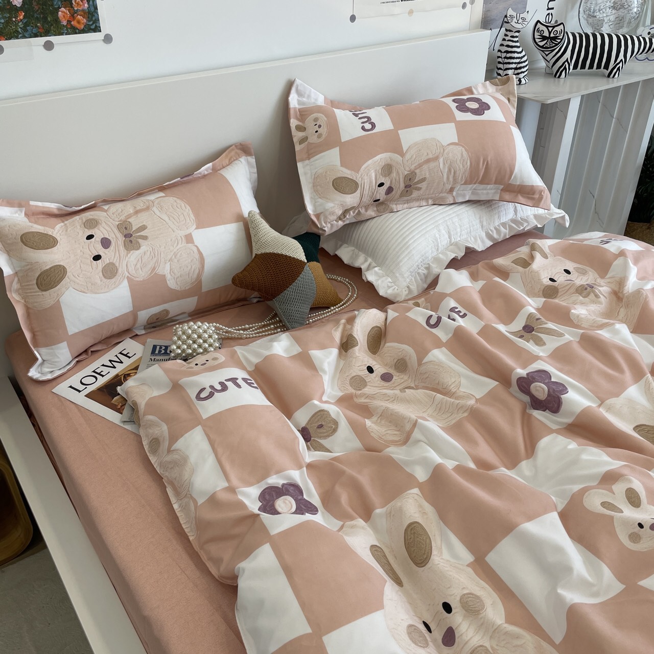 Bộ chăn ga gối cotton poly - Mẫu gấu hồng