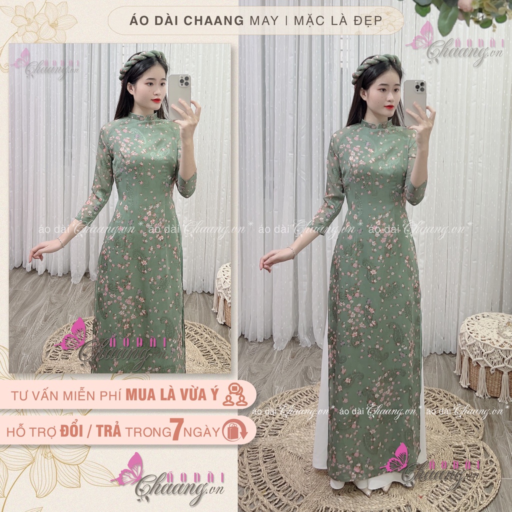 Áo dài hoa nhí xanh rêu - Áo dài truyền thống 4 tà cổ vuông tay lỡ - Vải Áo dài lụa tơ ép Đẹp