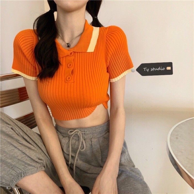 Áo len mông cộc tay croptop cổ bẻ pha viền cổ hot hit