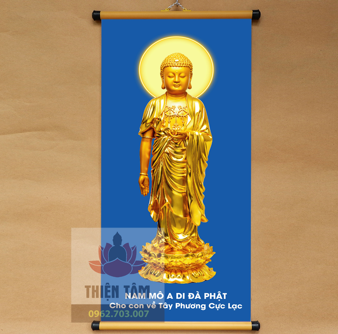 Tranh Phật A Di Đà khổ lớn bằng vải phủ bóng cao cấp dày dặn