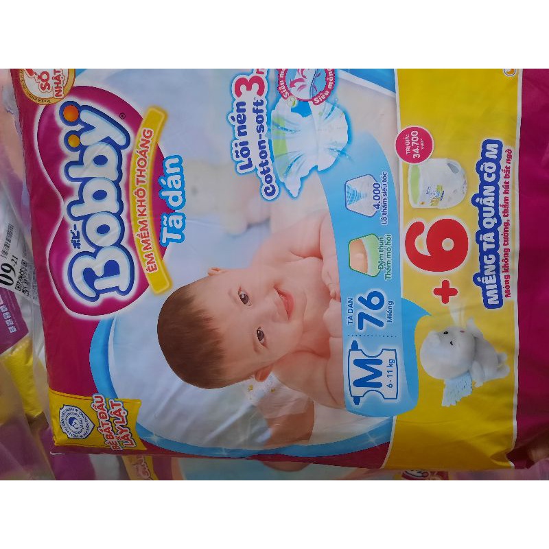 Tã dán bobby mẫu mới size M 76 miếng tặng thêm 6 miếng tả quần  cho bé 6-11kgtã bobby dán size L 68 miếng cho bé 9-13kg