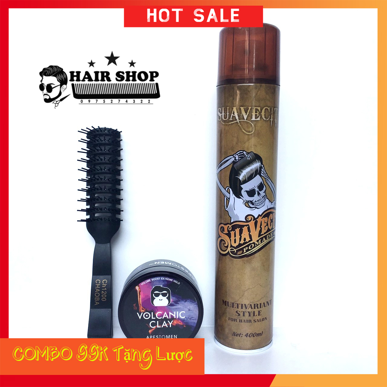 [ HOT ] COMBO Gôm Xịt Toc Suavecsito + Sáp Vuốt Tóc Voncalic Đen + Lược