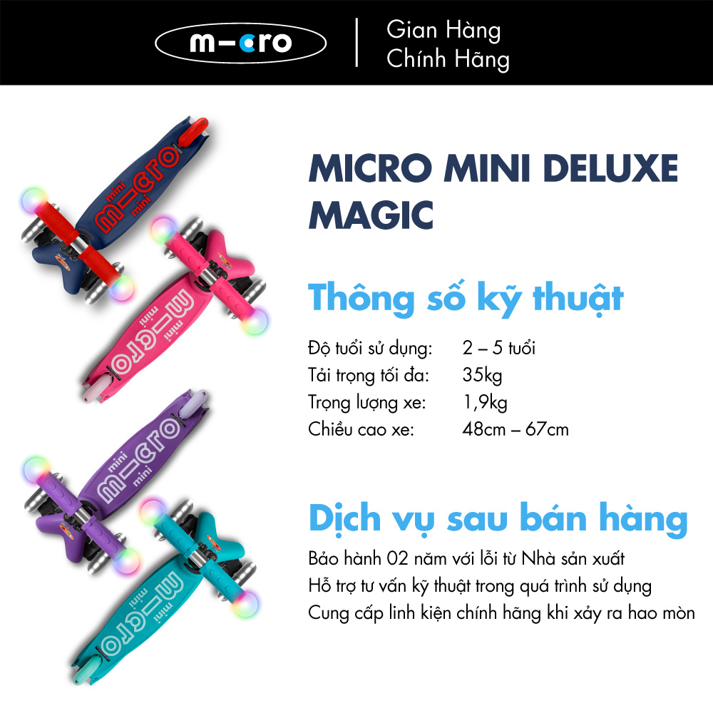 Xe trượt scooter Micro Mini Deluxe Magic (phiên bản tay cầm và bánh xe đèn LED)