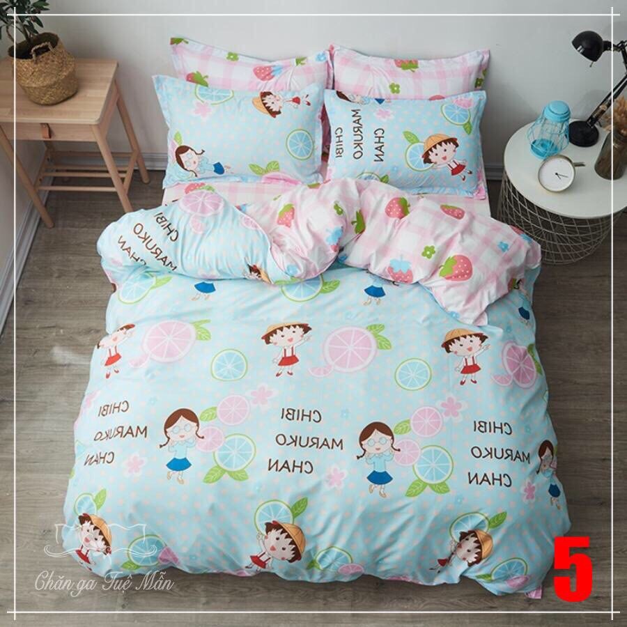 Bộ chăn ga gối maruko hồng dâu pha xanh đánh yêu + ruột chăn hè.