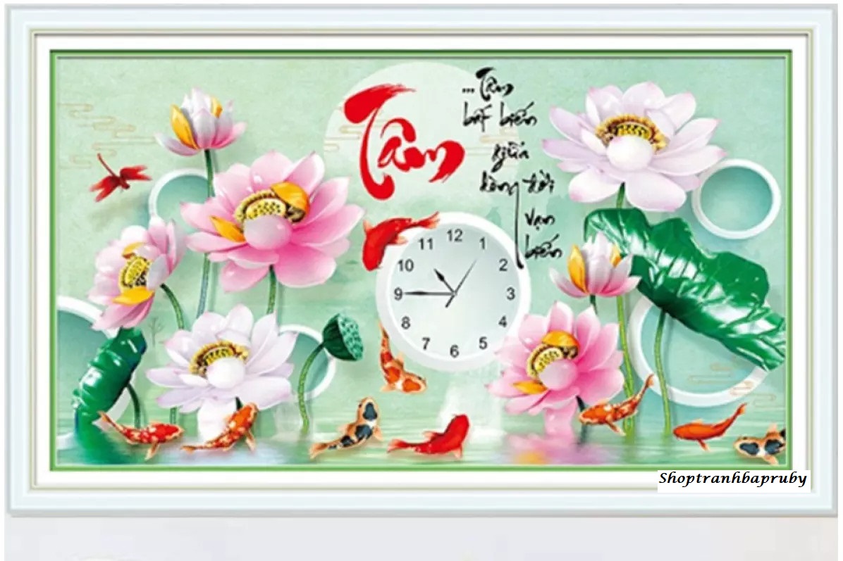 [HCM]Tranh thêu Chữ Tâm hoa sen X8329 kích thước 85 x 50 cm