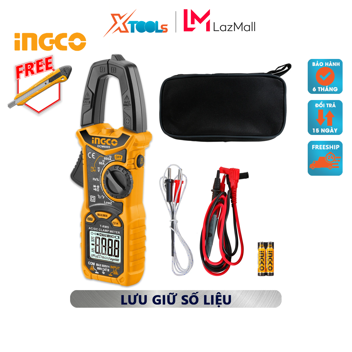 Đồng pool clip AC/DC ingco DCM6005 | Ampe pliers AC/DC 6000 count/holder data material direct current 60A / 600A ± (2,5% + 5) performance 1% ~ 99% ± (1.0% + 2) used to measure current, voltage or resistor
