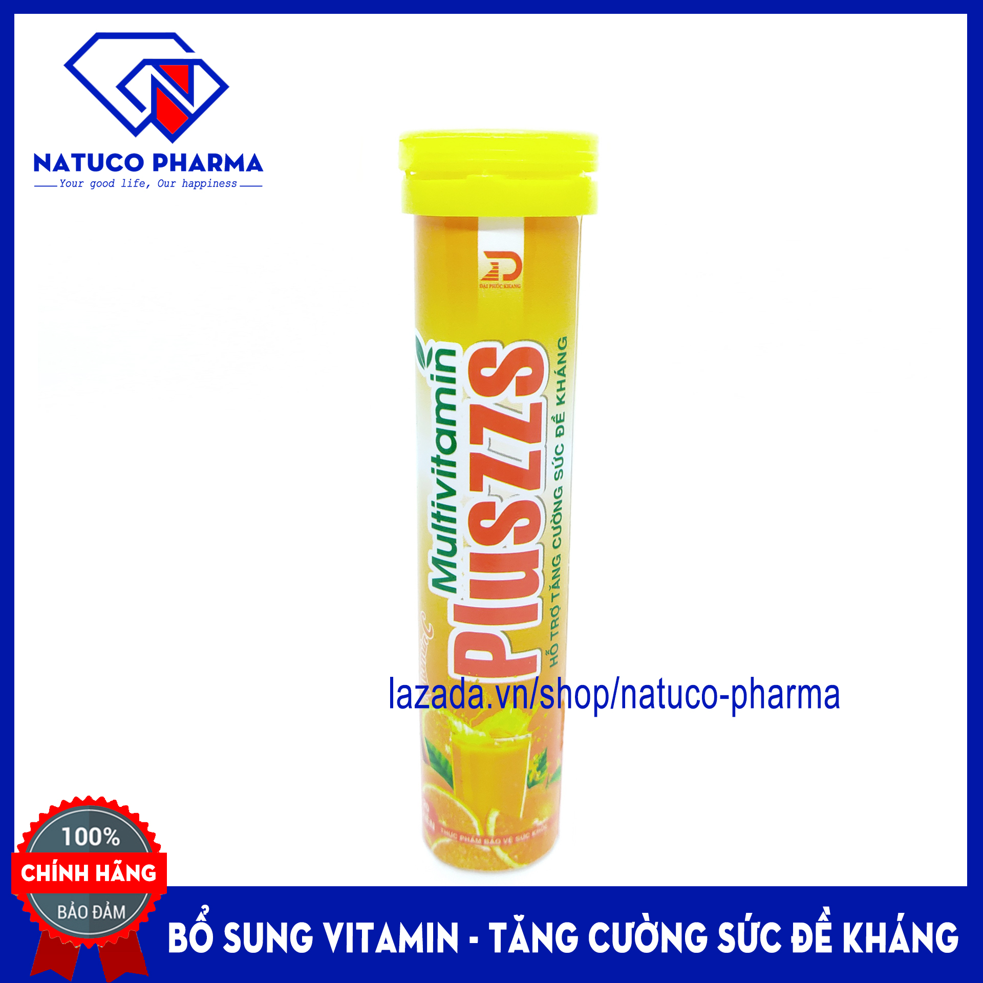 Viên Sủi Vitamin C vị Cam - Multivitamin PLUSZZS - bổ sung vitamin khoáng chất tăng cường sức đề kháng - Hộp 20 viên chuẩn GMP Bộ Y Tế