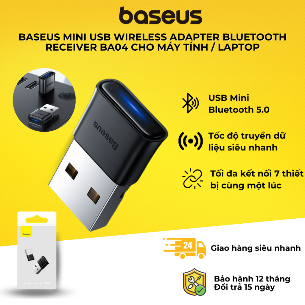 USB Bluetooth tốc độ cao Baseus BA04 Bluetooth Receiver (Bluetooth CSR 5.0 , 20m, Wireless Audio Transmission Adapter for Laptop/ Smartphone/ Tablet)