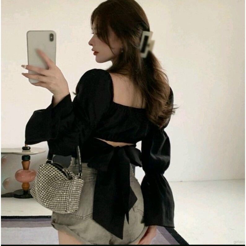 Áo kiểu cổ vuông tay phồng thắt nơ sau