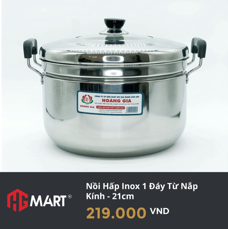 Nồi hấp inox 1 đáy từ nắp kính thương hiệu Hoàng Gia