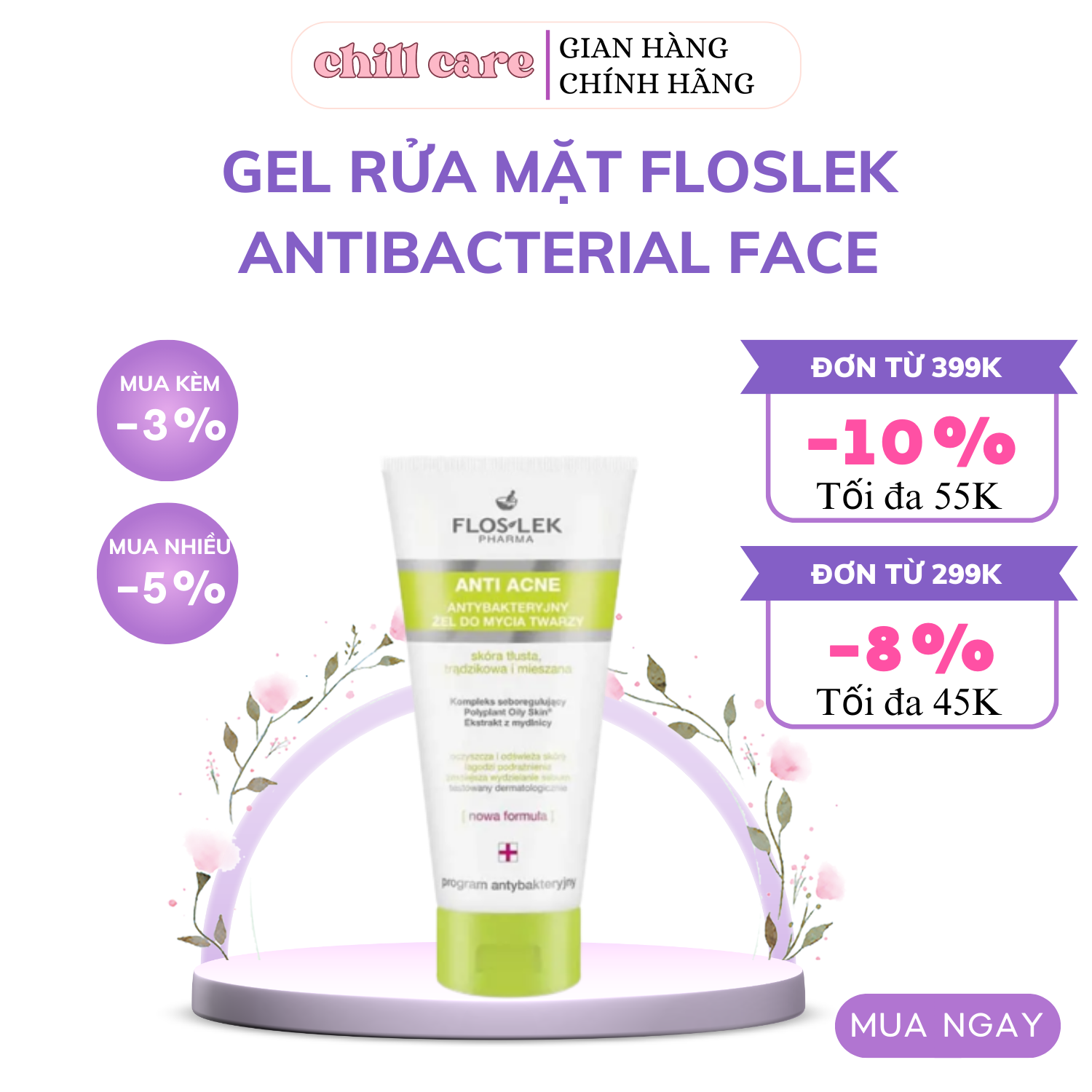 Sữa rửa mặt cho da dầu mụn Floslek Antibacterial Face Cleansing Gel 200ml