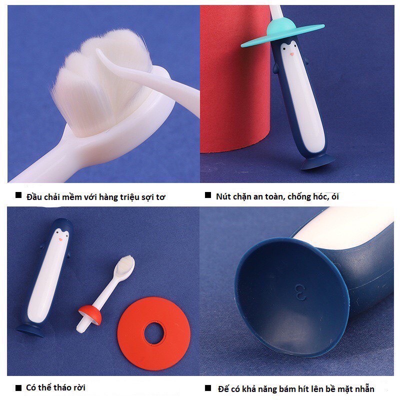 Bàn chải đánh răng lông tơ hình chim cánh cụt có vách ngăn chống hóc cho bé sợi lông mềm bảo vệ nứu cho bé