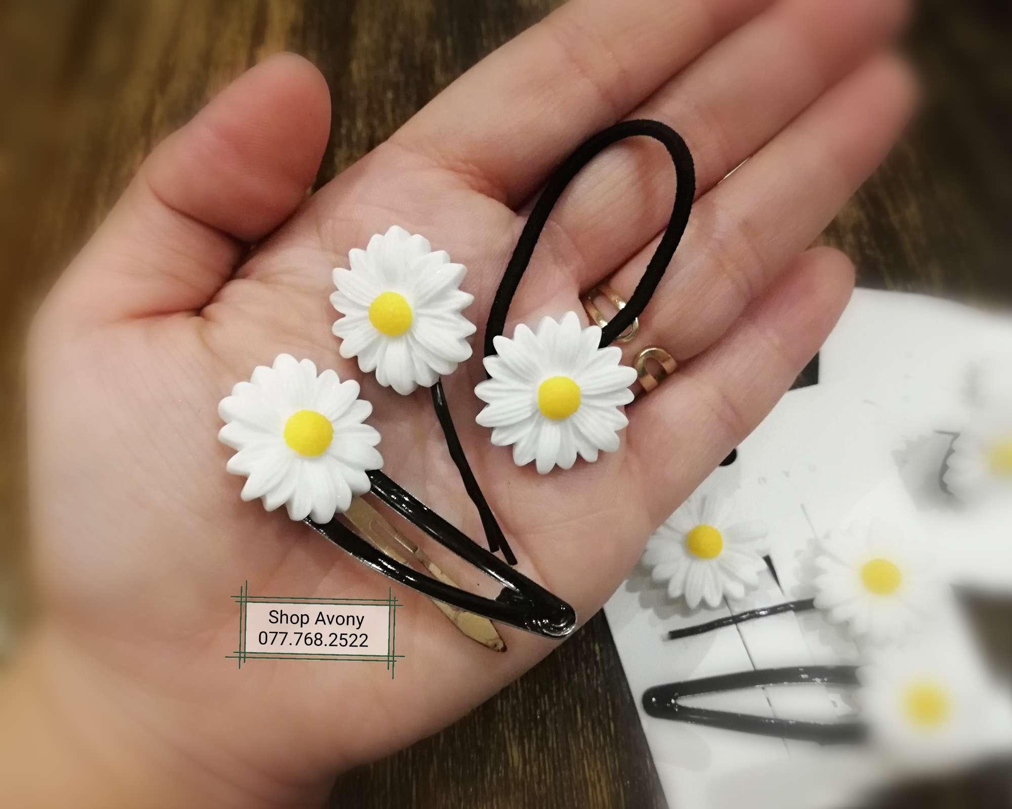 [HCM]set kẹp tóc mái và cột tóc cúc họa mi trắng
