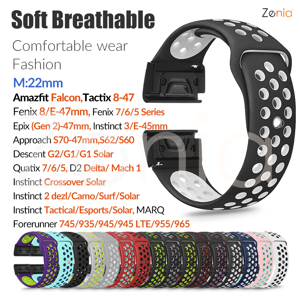 Zenia 22MM Quick Fit Dây đeo đồng hồ bằng silicon mềm thoáng khí cho Garmin Instinct 3 45mm AMOLED Crossover Solar Tactical Camo MARQ Tactix Descent G1 G2 Epix Gen 2 Fenix 8 E 7 6 Pro 5 Plus D2 Mach 1 Delta Quatix Approach S70 47mm S62/S60 Amazfit Falcon