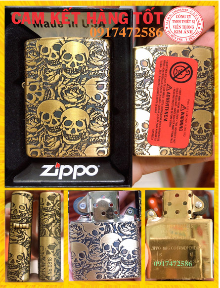 Bật Lửa Zippo Đầu Lâu Khắc Chìm Ruột Vàng - Đáy Lồi