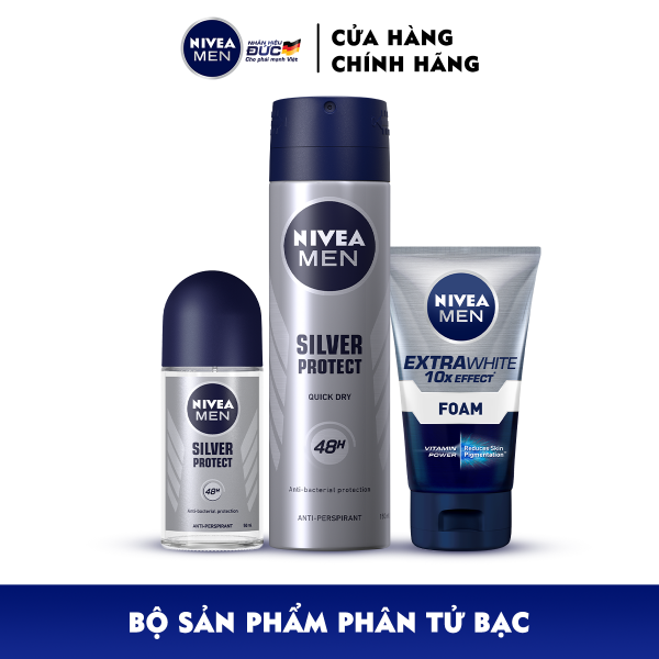 Bộ 3 sản phẩm Xịt và Lăn Ngăn Mùi NIVEA MEN Silver Protect Phân Tử Bạc Giảm 99.9% Vi Khuẩn Gây Mùi (150ml - 82959 & 50ml - 83778) & Sữa Rửa Mặt NIVEA MEN Làm Sáng Da (100G) - 88836 cao cấp