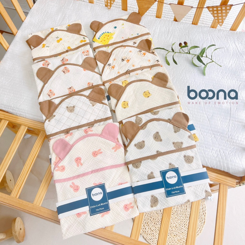 Choàng ủ xô muslin boona 4 lớp có mũ siêu thoáng mát mềm mịn cho bé