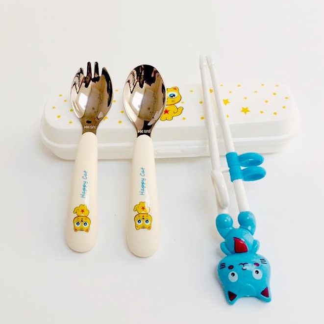 Bộ đũa thìa dĩa ăn dặm inox happy cat cho bé