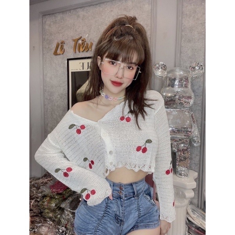 Áo cadigan len mỏng lỗ thêu cherry xinh xắn