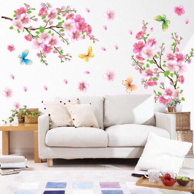 decal dán tường  cành đào phai 2 bên