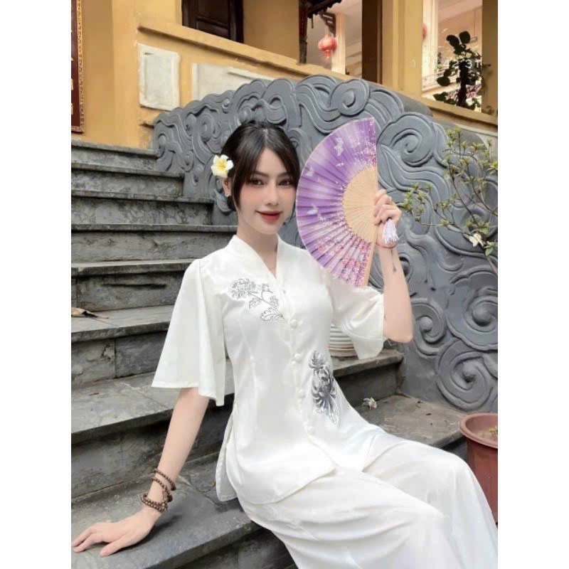 Sét bộ bà ba tuyết nhung thêu nút bọc