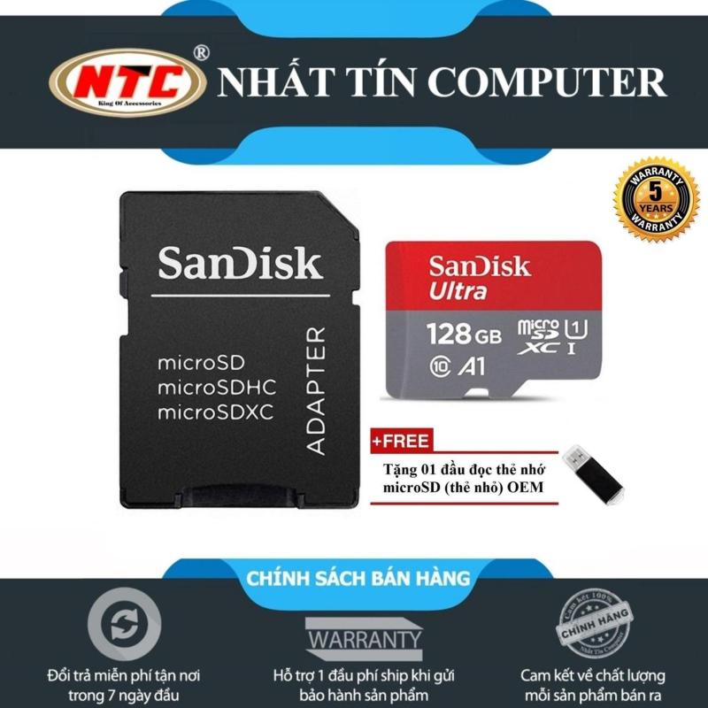 Thẻ nhớ MicroSDXC SanDisk Ultra A1 128GB Class 10 U1 100MB/s kèm adapter (Đỏ) + Tặng 1 đầu đọc thẻ