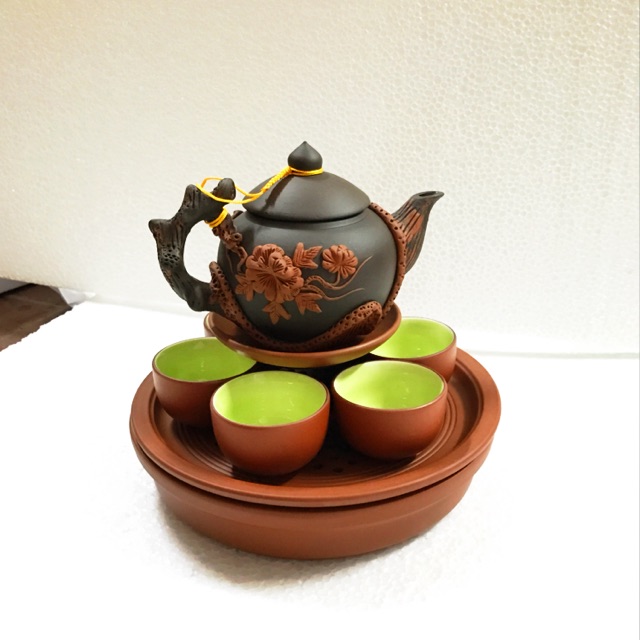 Ấm chén tử sa hoa phù dung đỏ đen Bát Tràng