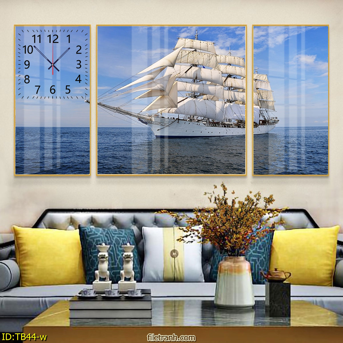 Tranh tráng gương đồng hồ bộ 3 bức thuyền buồm phong thủy đem tài lộc cho gia chủ