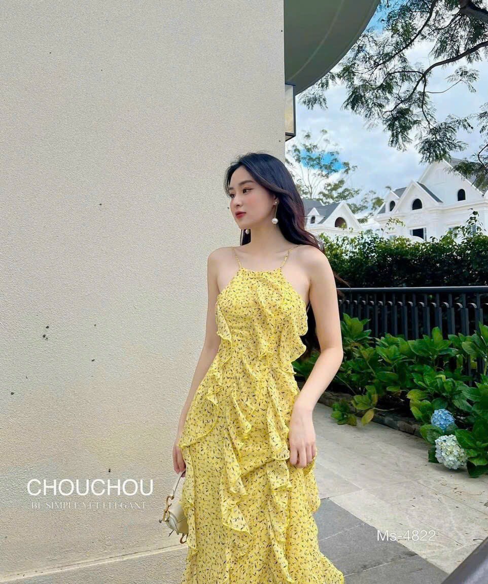 Đầm xòe voan hoa cổ yếm phối bèo có mút