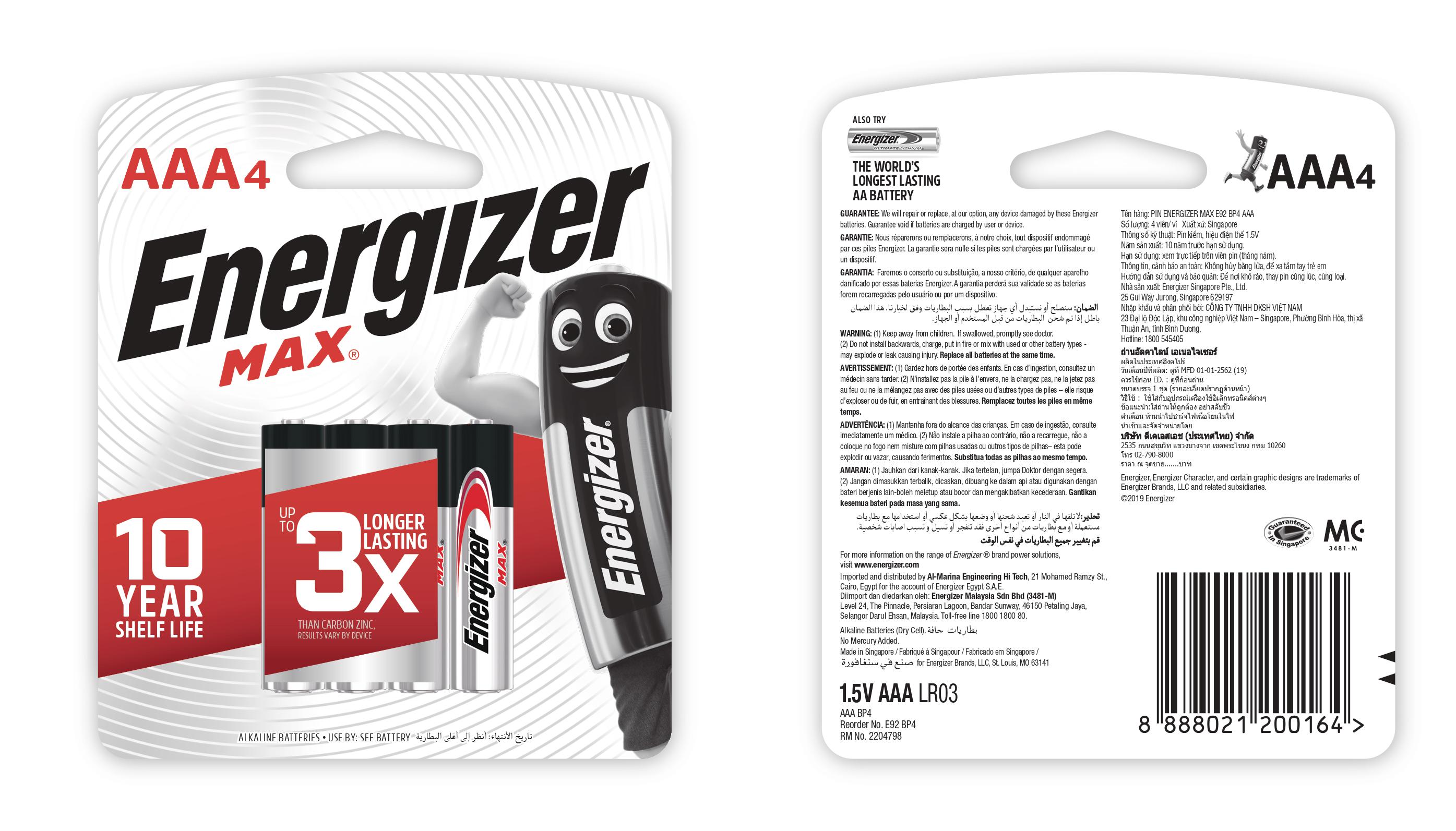 Vỉ 4 Viên Pin AAA Energizer Max E92 BP4 - 100193487