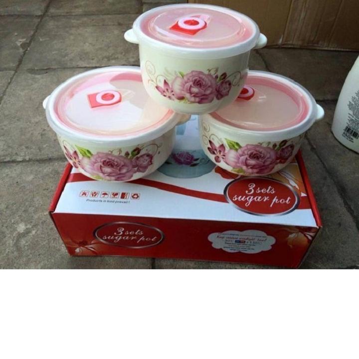 Bộ 3 bát sứ có tai nắp nhựa hút chân không - MAMORU