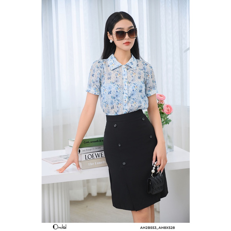 Áo sơ mi xanh họa tiết hoa nhí tiểu thư- chất liệu tơ cao cấp Orchid AH2B553