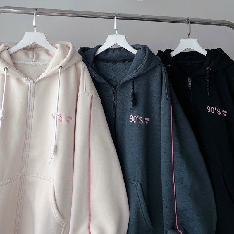 Áo khoác hoodie dây kéo Nam nữ hình thêu tim 90s chất nỉ ngoại nón 2 lớp phối line y hình mẫu MChoodie939 939