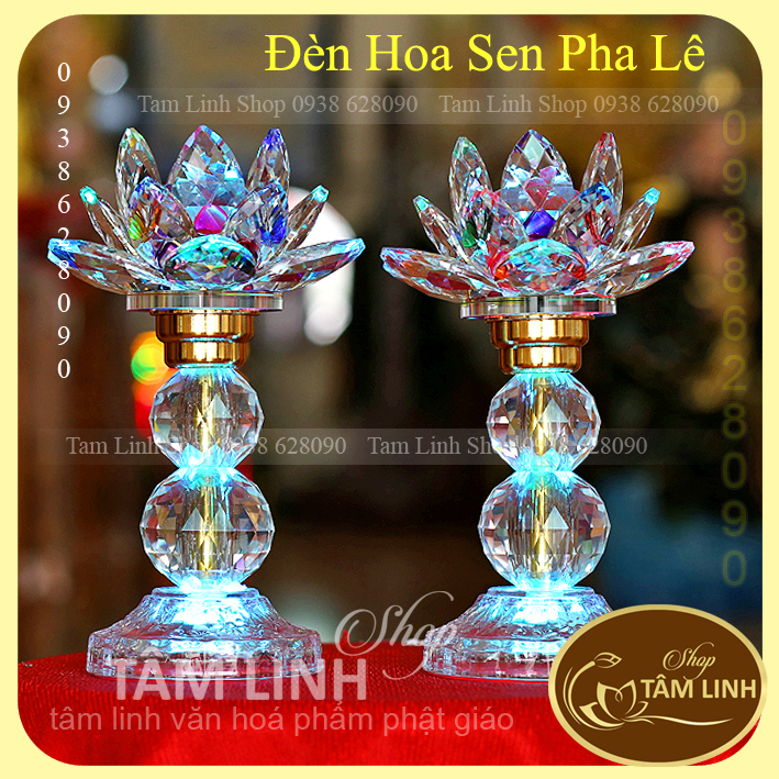 [Có bảo hành] Cặp Đèn Thờ Hoa Sen Pha Lê Cao 25 cm đèn LED đổi 7 màu siêu đẹp.