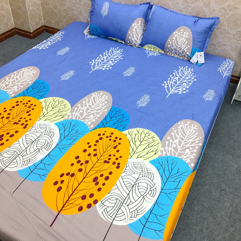 Trọn bộ 4 món ga gối poly cotton ( 1 ga giường + 2 vỏ gối nằm + vò gối ôm) mẫu Lá Cọ