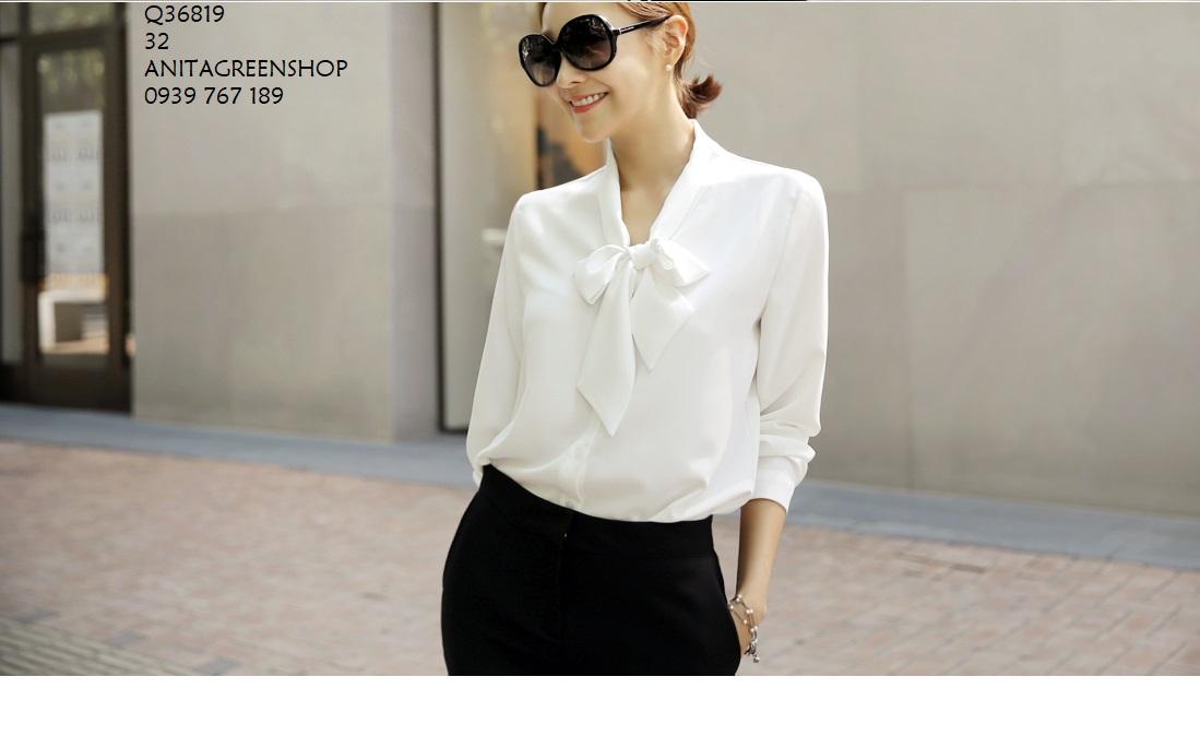 Q36819 áo sơ mi nữ phối nơ cổ