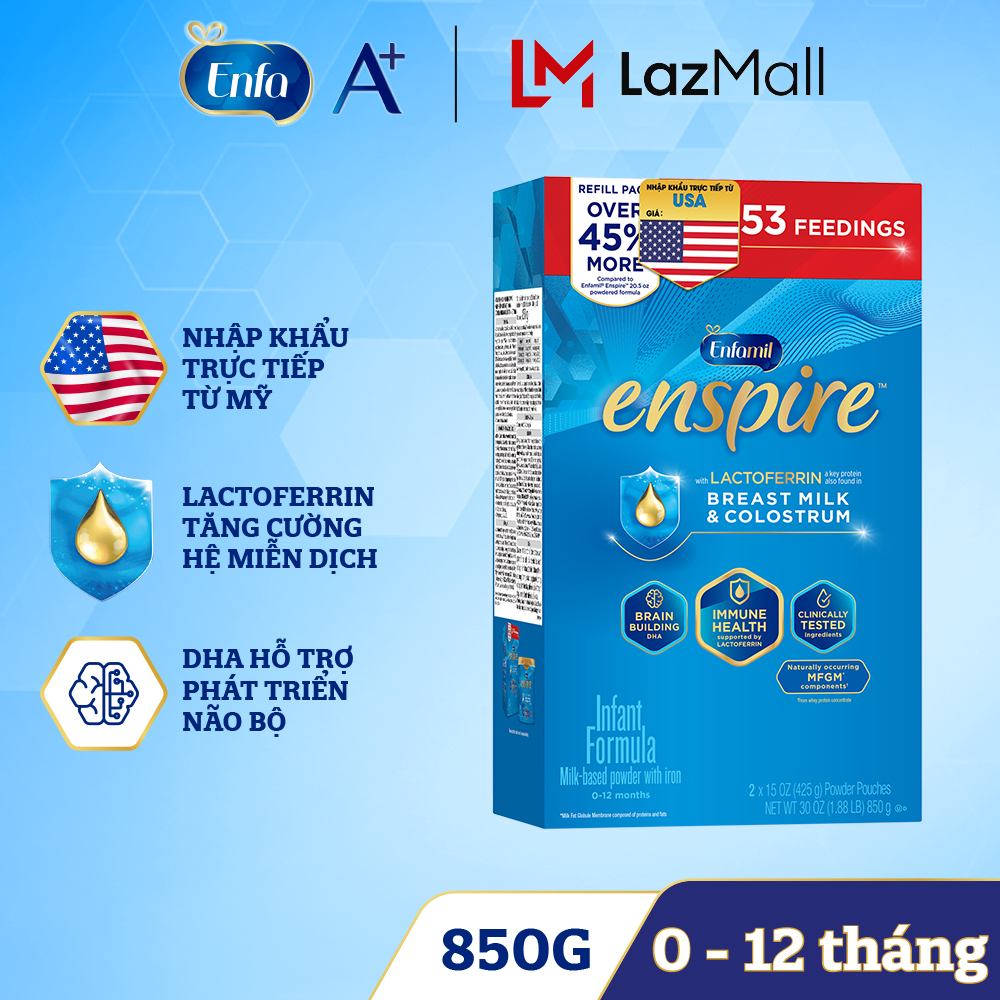 [Nhập khẩu chính ngạch từ Mỹ] Sữa bột Enfamil Enspire Infant 850g dành cho trẻ 0-12 tháng tuổi (hộp 2 túi thiếc 425g). Có chứa MFGM và Lactoferrin