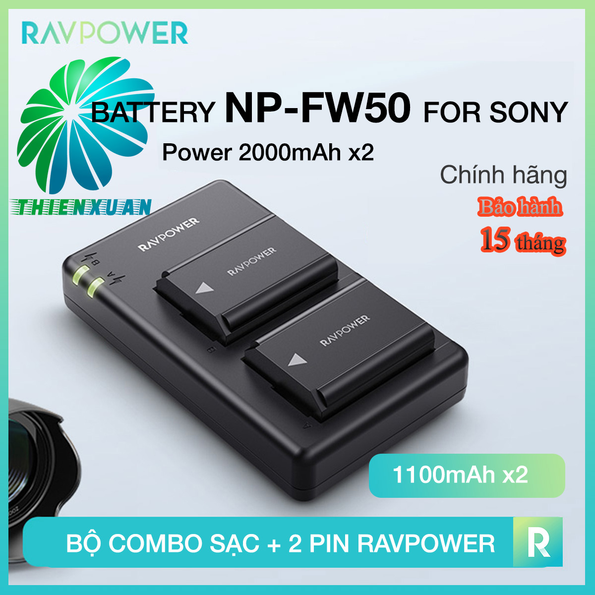 Bộ 2 pin và sạc đôi RavPower NP-FW50 cho Sony A6000, A6300, A6500, A7