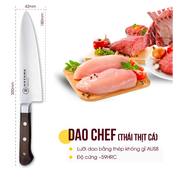 Dao bếp cao cấp KATANA Essential Chef - Dao thái thịt cá KATA202 (200mm) - dao làm bếp thương hiệu Việt Nam - dao KATANA cao cấp chính hãng thép chống gỉ - mài lại 2 năm miễn phí